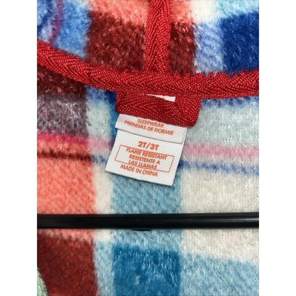 Cat & Jack Plaid Fleece Hooded Robe Tie Waist Pockets Red Green Blue 2t/3t